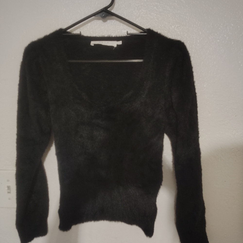 Astr Black Fuzzy V-Neck Sweater Soft, Whimsigoth, Sexy, Classic, Timeless, Chic